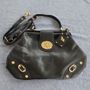 Emma Fox Black Leather Handbag with Gold Accents And Long Straps. Never Used.